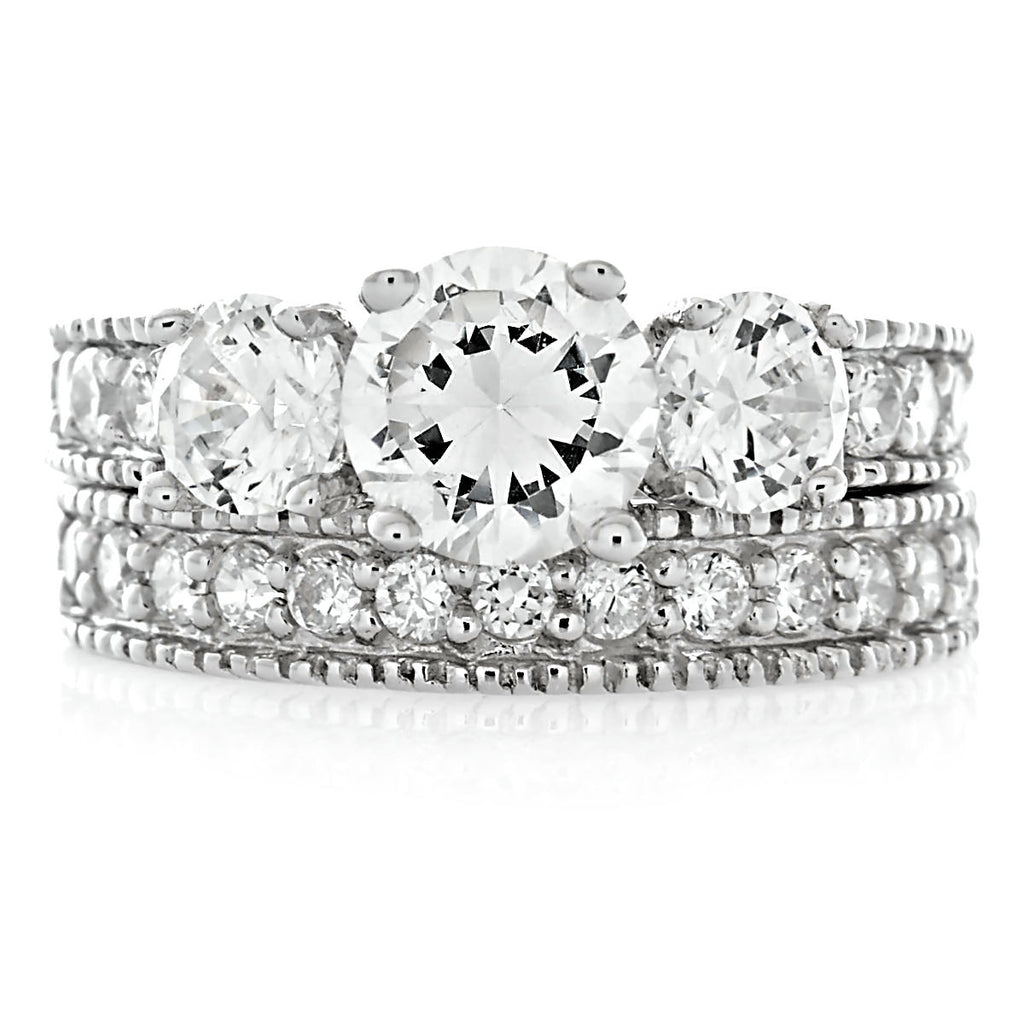 Harlow: 3-Stone Ice on Fire CZ 2 Pc Wedding Ring Set 925 Sterling Silver - 1000Jewels.com