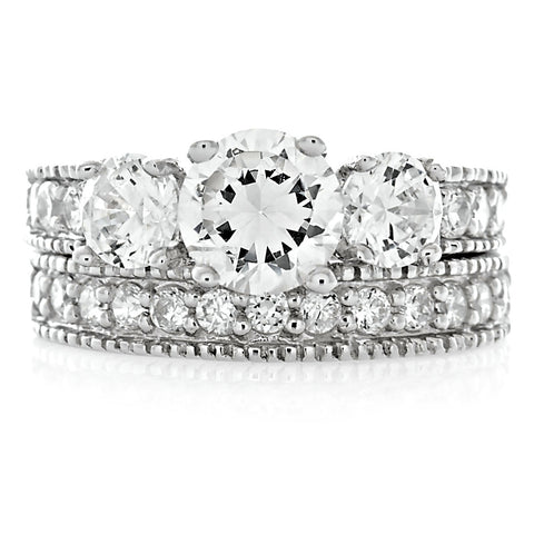 Harlow: 3-Stone Ice on Fire CZ 2 Pc Wedding Ring Set 925 Sterling Silver - 1000Jewels.com