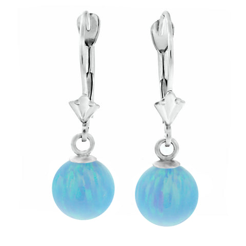 Sky: Azure Blue Created Australian Opal Ball Drop Leverback Earrings 14K White Gold - 1000Jewels.com