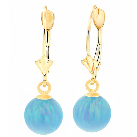 Sky: Azure Blue Created Australian Opal Ball Drop Leverback Earrings 14K Yellow Gold - 1000Jewels.com