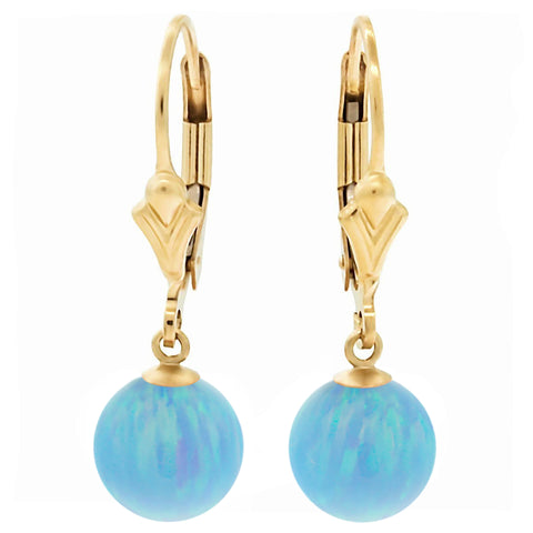 Sky: Azure Blue Created Australian Opal Ball Drop Leverback Earrings 14-20 Gold Filled - 1000Jewels.com