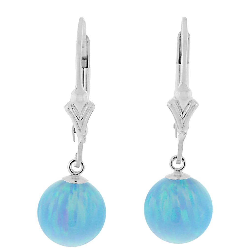 Sky: Azure Blue Created Australian Opal Ball Drop Leverback Earrings 925 Sterling Silver - 1000Jewels.com