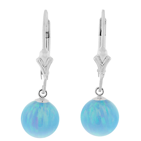 Sky: Azure Blue Created Australian Opal Ball Drop Leverback Earrings 925 Sterling Silver - 1000Jewels.com