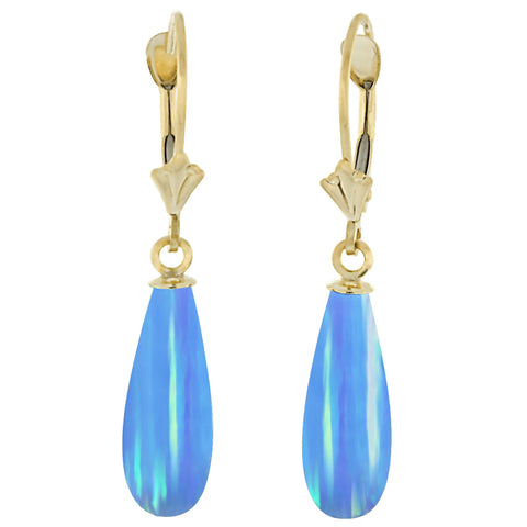 Sky: Azure Blue Created Australian Opal Teardrop Leverback Earrings 14-20 Gold Filled - 1000Jewels.com