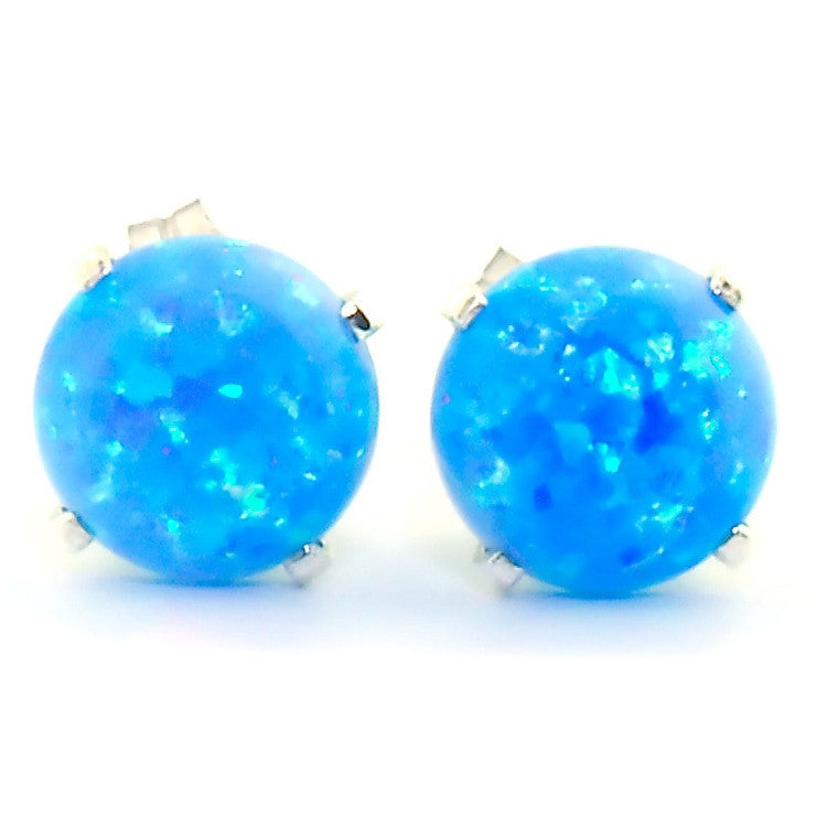 Kasmira: 3.2ct 8mm Azure Blue Opal Crown Set Stud Earrings 925 Silver - 1000Jewels.com