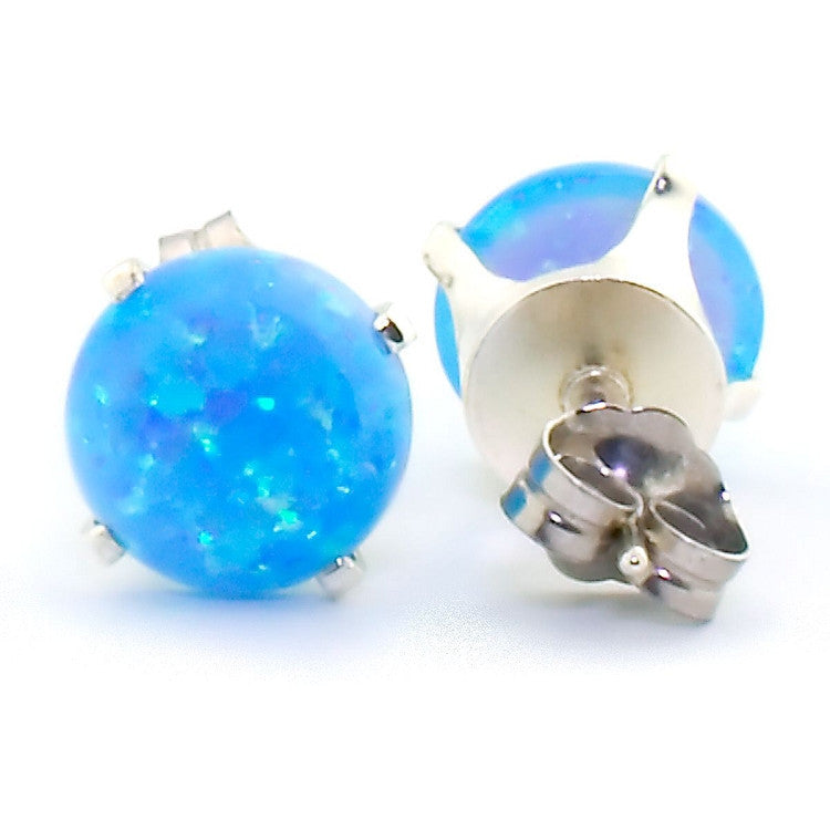 Kasmira: 3.2ct 8mm Azure Blue Opal Crown Set Stud Earrings 925 Silver - 1000Jewels.com