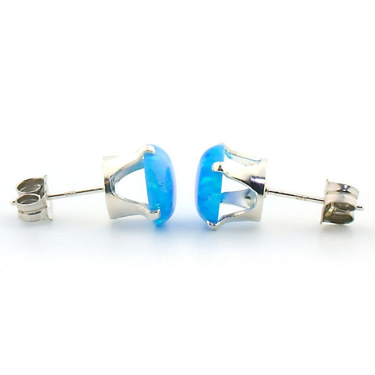Kasmira: 3.2ct 8mm Azure Blue Opal Crown Set Stud Earrings 925 Silver - 1000Jewels.com