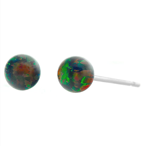 Aurora: Black Created Australian Opal Ball Stud Earrings 14k White Gold - 1000Jewels.com