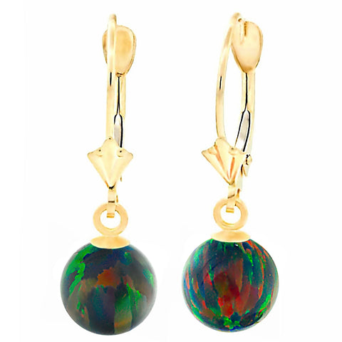 Aurora: Black Created Australian Opal Ball Drop Leverback Earrings 14K Yellow Gold - 1000Jewels.com