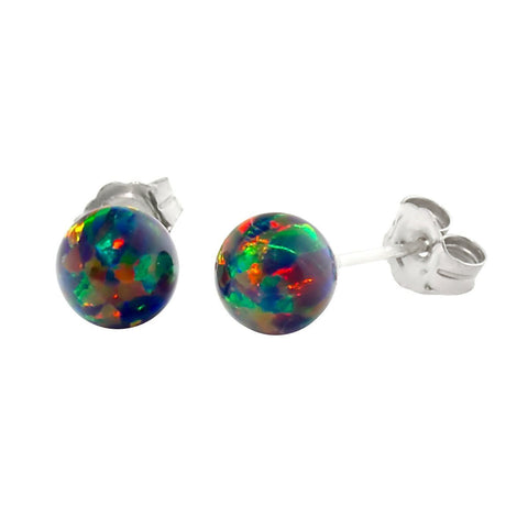 Aurora: 6mm Black Australian Opal Ball Stud Earrings 14k White Gold - 1000Jewels.com