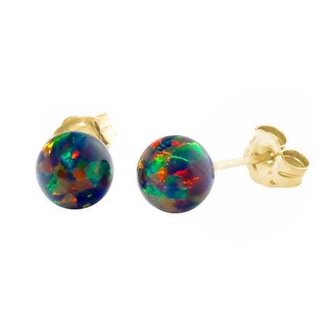 Aurora: 6mm Black Australian Opal Ball Stud Earrings 14k Yellow Gold - 1000Jewels.com