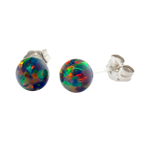 Aurora: 6mm Black Australian Opal Ball Stud Earrings Sterling Silver - 1000Jewels.com