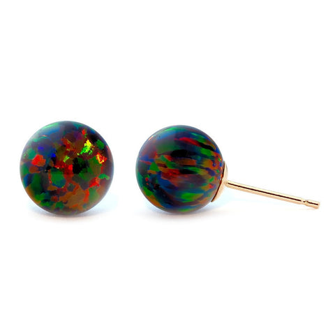 Aurora: 10mm Black Australian Opal Ball Stud Earrings 14k Yellow Gold - 1000Jewels.com
