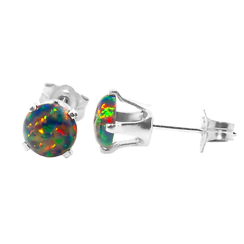 Aurora: 1.3ct 6mm Black Australian Opal Crown Set Stud Earrings 925 Silver - 1000Jewels.com