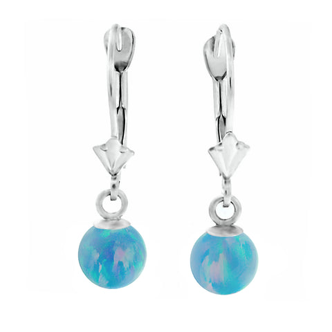 Carrie: Cornflower Blue Created Australian Opal Ball Drop Leverback Earrings 14K White Gold - 1000Jewels.com