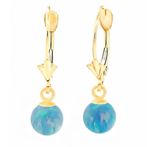 Carrie: Cornflower Blue Created Australian Opal Ball Drop Leverback Earrings 14K Yellow Gold - 1000Jewels.com