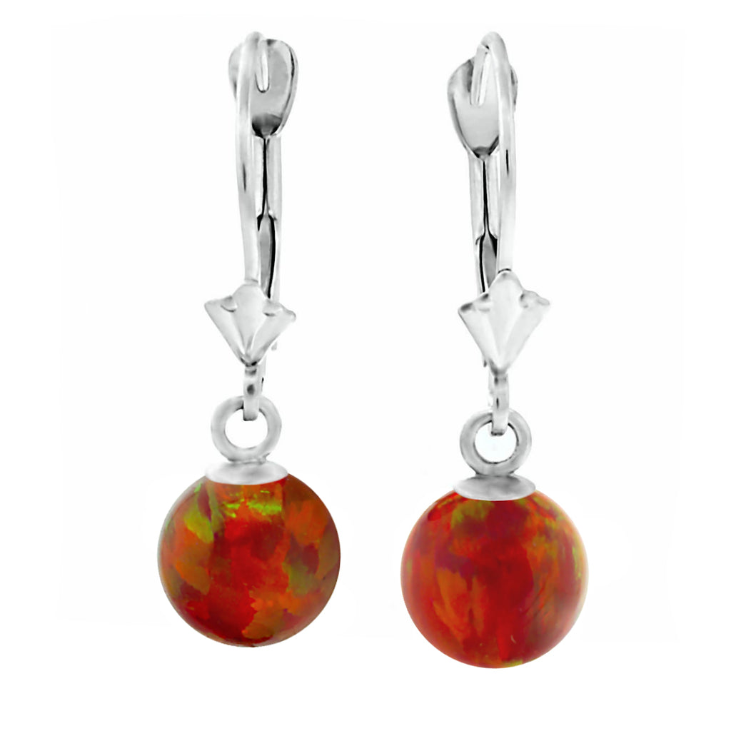 Ginger: Flame Red Created Australian Opal Ball Drop Leverback Earrings 14K White Gold - 1000Jewels.com