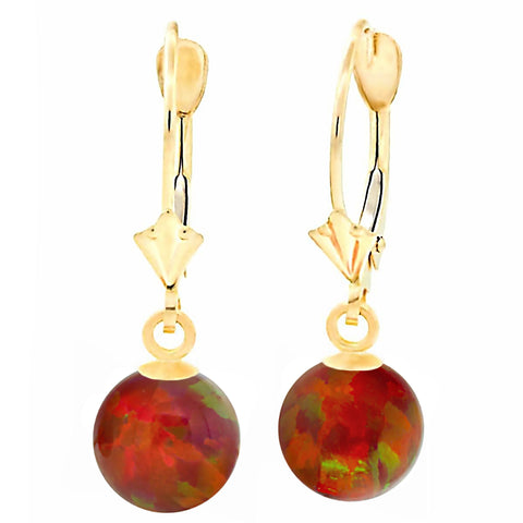 Ginger: Flame Red Created Australian Opal Ball Drop Leverback Earrings 14K Yellow Gold - 1000Jewels.com