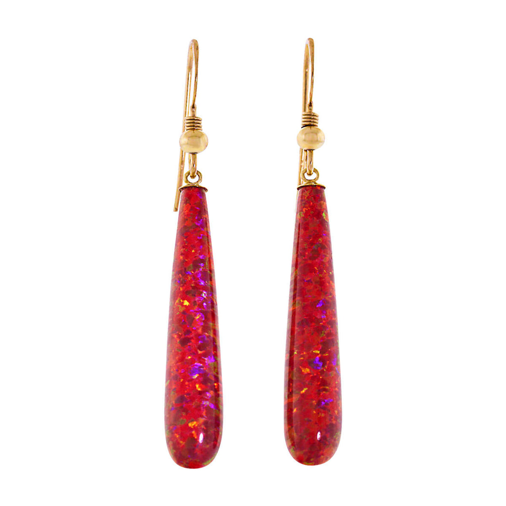 Ginger: 35mm Flame Red Created Opal Teardrop Fishhook Earrings Gold Fi 