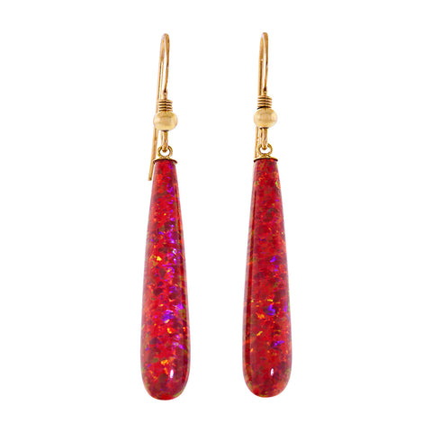 Ginger: 35mm Flame Red Created Opal Teardrop Fishhook Earrings Gold Filled - 1000Jewels.com