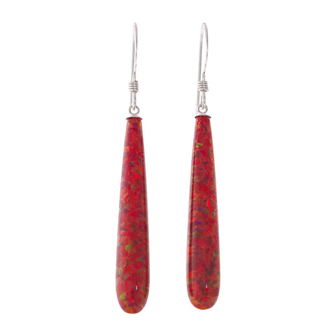 Ginger: 35mm Flame Red Created Opal Teardrop Fishhook Earrings Sterling Silver - 1000Jewels.com