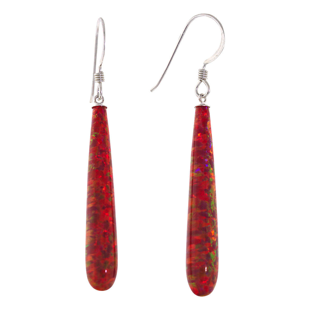 Ginger: 35mm Flame Red Created Opal Teardrop Fishhook Earrings Sterlin 