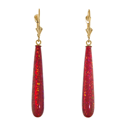 Ginger: 35mm Flame Red Created Opal Teardrop Lever Back Earrings 14K Yellow Gold - 1000Jewels.com