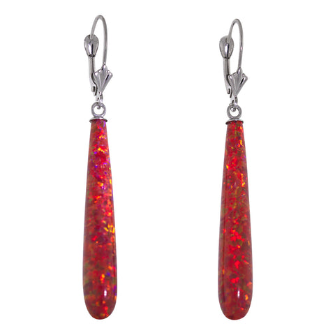 Ginger: 35mm Flame Red Created Opal Teardrop Lever Back Earrings Sterling Silver - 1000Jewels.com