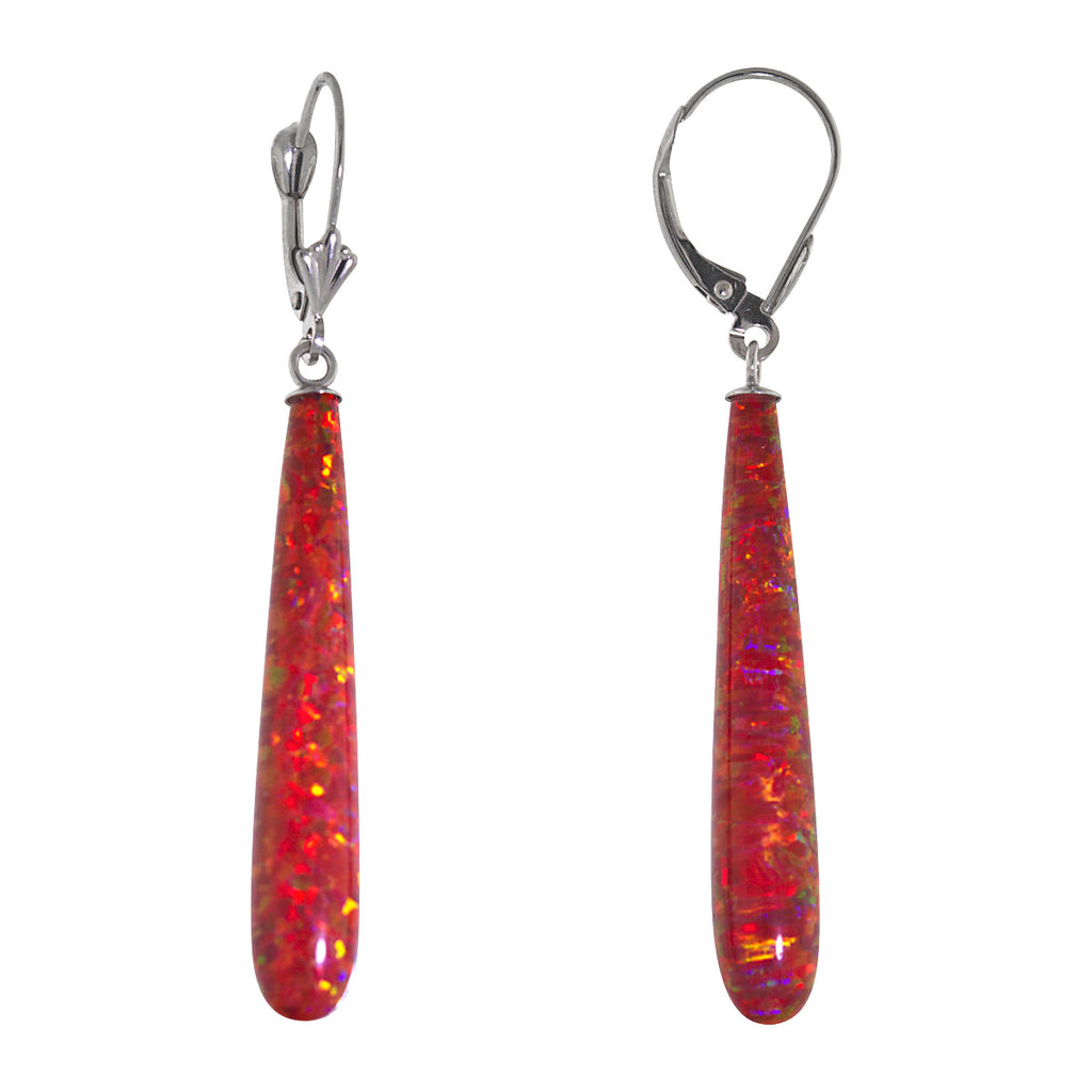 Ginger: 35mm Flame Red Created Opal Teardrop Lever Back Earrings 14K White Gold - 1000Jewels.com