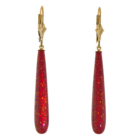 Ginger: 35mm Flame Red Created Opal Teardrop Lever Back Earrings Gold Filled - 1000Jewels.com