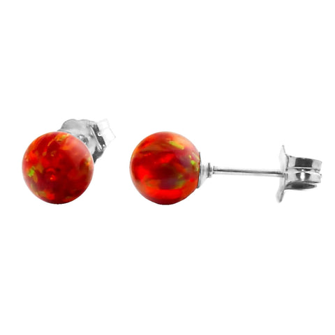 Ginger: 8mm Flame Red Australian Opal Ball Stud Earrings 14k White Gold - 1000Jewels.com