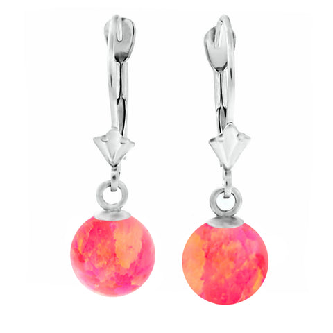 Pia: Hot Pink Created Australian Opal Ball Drop Leverback Earrings 14K White Gold - 1000Jewels.com