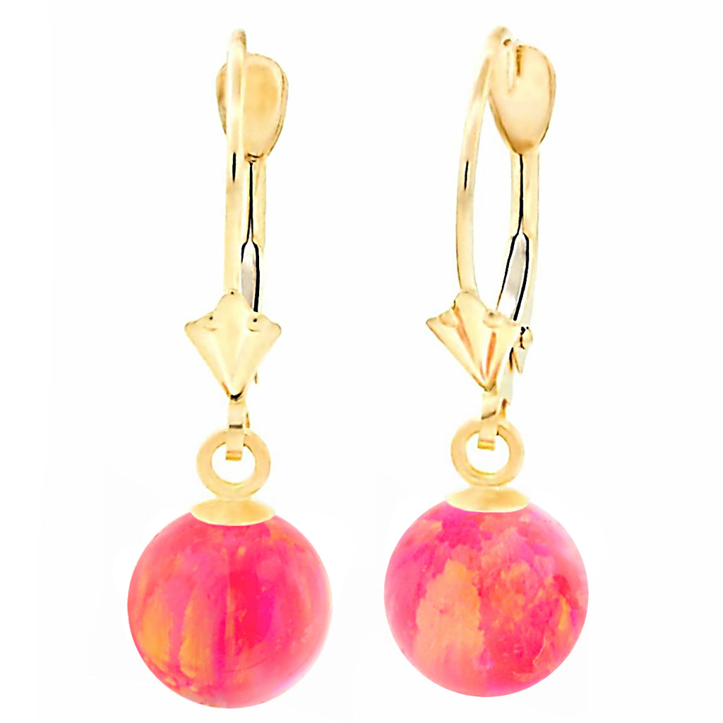 Pia: Hot Pink Created Australian Opal Ball Drop Leverback Earrings 14K Yellow Gold - 1000Jewels.com