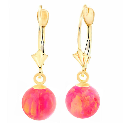 Pia: Hot Pink Created Australian Opal Ball Drop Leverback Earrings 14K Yellow Gold - 1000Jewels.com