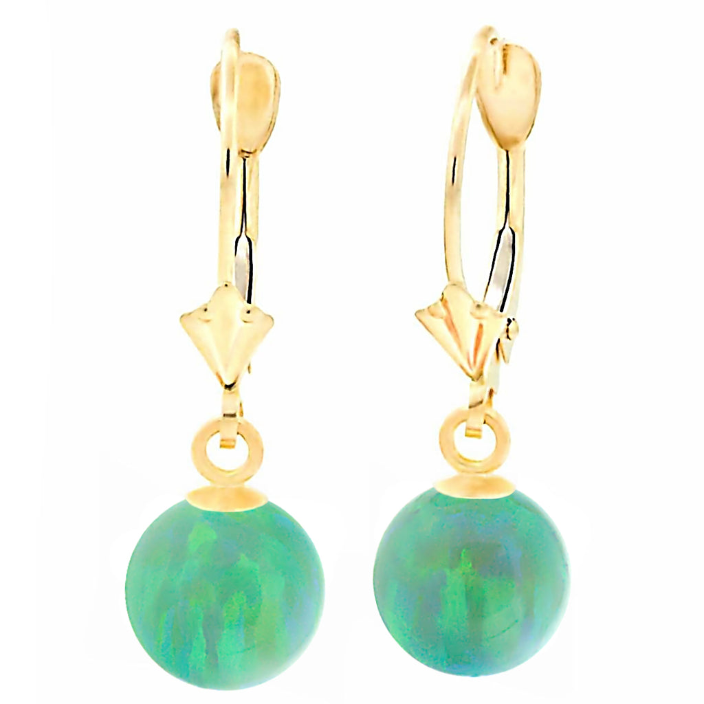 Margarita: Kiwi Green Created Australian Opal Ball Drop Leverback Earrings 14K Yellow Gold - 1000Jewels.com