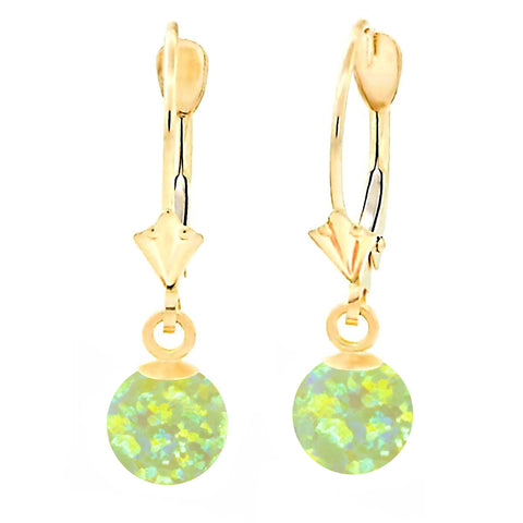 Aileen: Lime Green Created Australian Opal Ball Drop Leverback Earrings 14K Yellow Gold - 1000Jewels.com