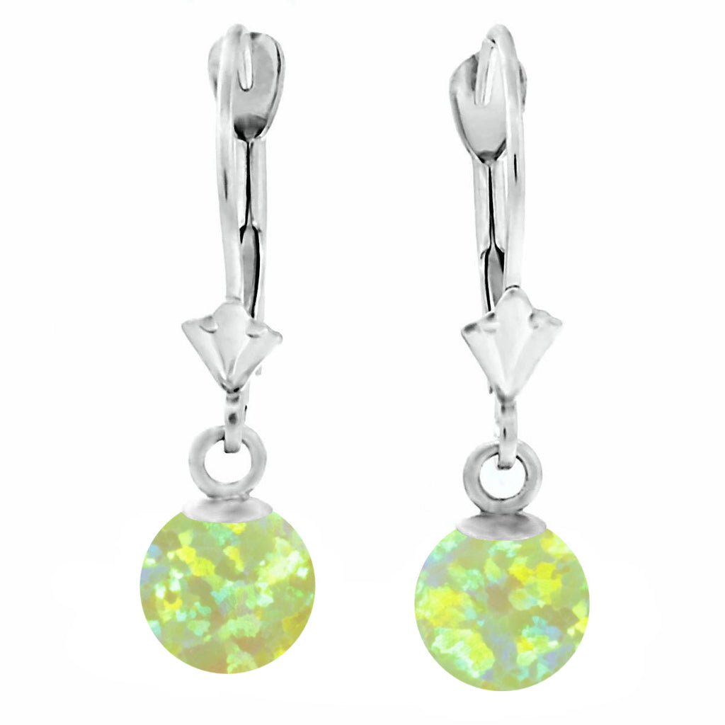 Aileen: Lime Green Created Australian Opal Ball Drop Leverback Earrings 14K White Gold - 1000Jewels.com
