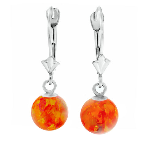 Orlena: Mexican Fire Created Australian Opal Ball Drop Leverback Earrings 14K White Gold - 1000Jewels.com