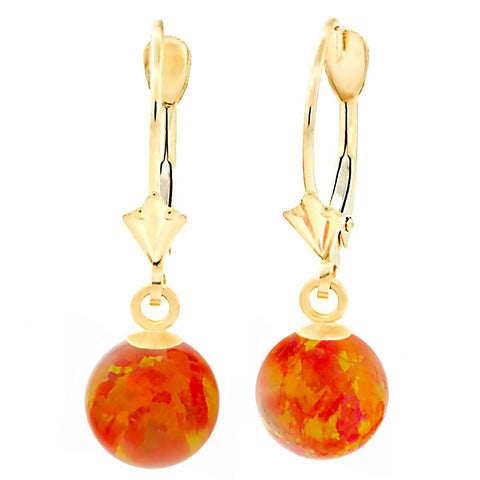 Orlena: Mexican Fire Created Australian Opal Ball Drop Leverback Earrings 14K Yellow Gold - 1000Jewels.com
