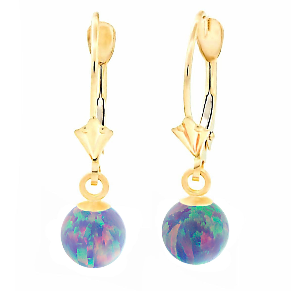 Norah: Lavender Created Australian Opal Ball Drop Leverback Earrings 14K Yellow Gold - 1000Jewels.com
