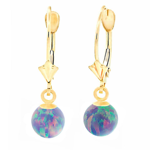 Norah: Lavender Created Australian Opal Ball Drop Leverback Earrings 14K Yellow Gold - 1000Jewels.com