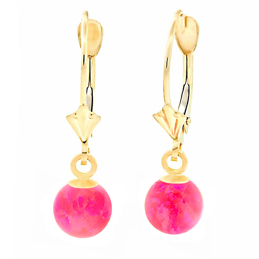 Pim: Mimosa Pink Created Australian Opal Ball Drop Leverback Earrings 14K Yellow Gold - 1000Jewels.com