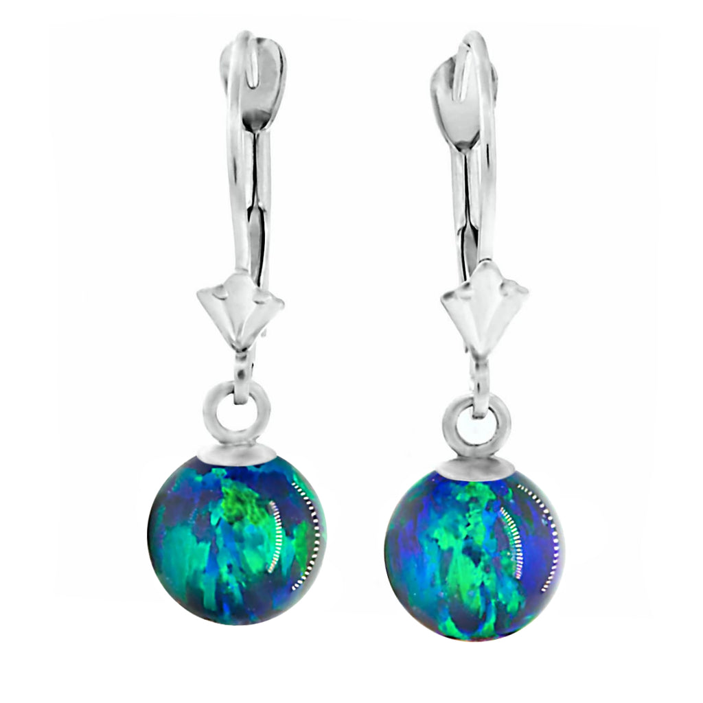 Perrin: Blue-Green Peacock Created Australian Opal Ball Drop Leverback Earrings 14K White Gold - 1000Jewels.com