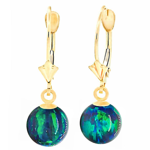 Perrin: Blue-Green Peacock Created Australian Opal Ball Drop Leverback Earrings 14K Yellow Gold - 1000Jewels.com