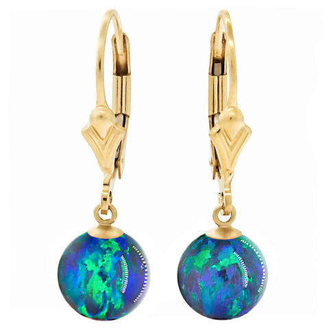 Perrin: Blue-Green Peacock Created Australian Opal Ball Drop Leverback Earrings 14-20 Gold Filled - 1000Jewels.com