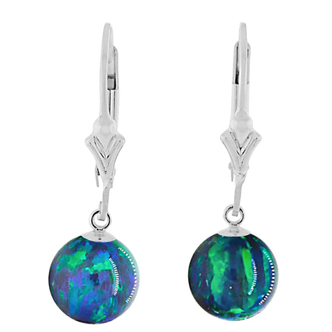 Perrin: Blue-Green Peacock Created Australian Opal Ball Drop Leverback Earrings 925 Sterling Silver - 1000Jewels.com