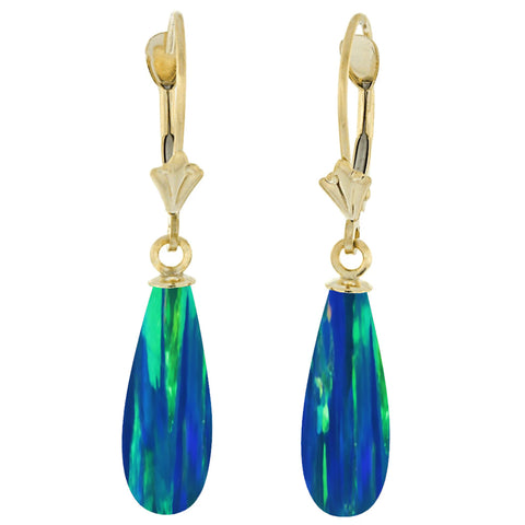 Perrin: Blue-Green Peacock Created Australian Opal Teardrop Leverback Earrings 14-20 GF - 1000Jewels.com