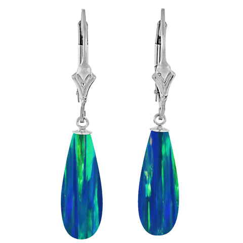 Perrin: Blue-Green Peacock Created Australian Opal Teardrop Leverback Earrings 925 Silver - 1000Jewels.com