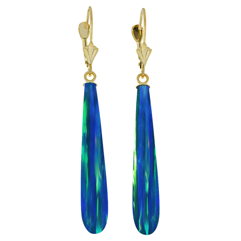 Perrin: Blue-Green Peacock Created Australian Opal Teardrop Leverback Earrings 14K YG - 1000Jewels.com