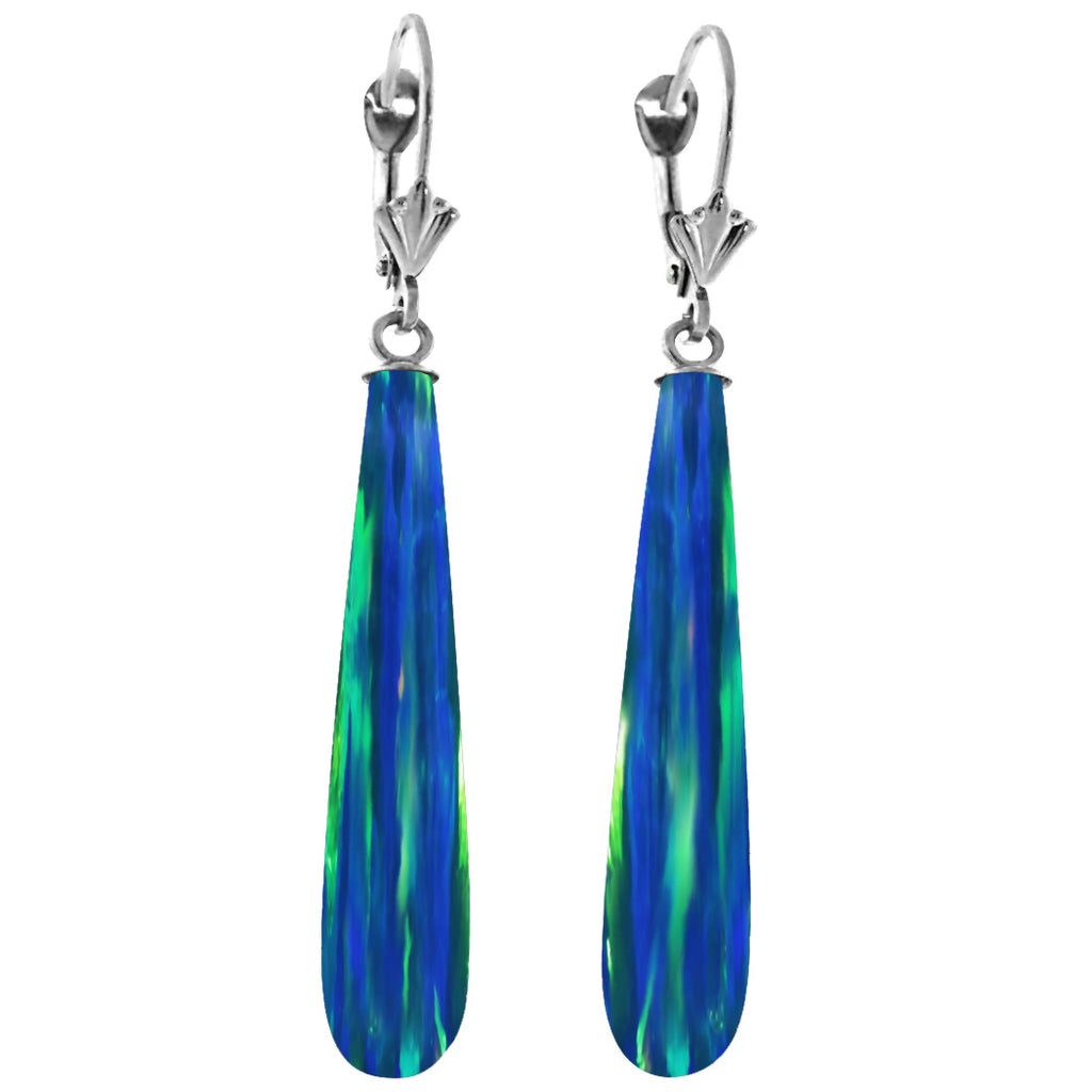 Perrin: Blue-Green Peacock Created Australian Opal Teardrop Leverback Earrings 14K WG - 1000Jewels.com